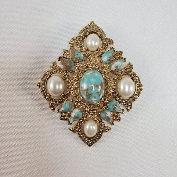 Vintage Sarah Coventry Brooch Pendant Gold With Faux Pearl & Turquoise Stones - Picture 12 of 12